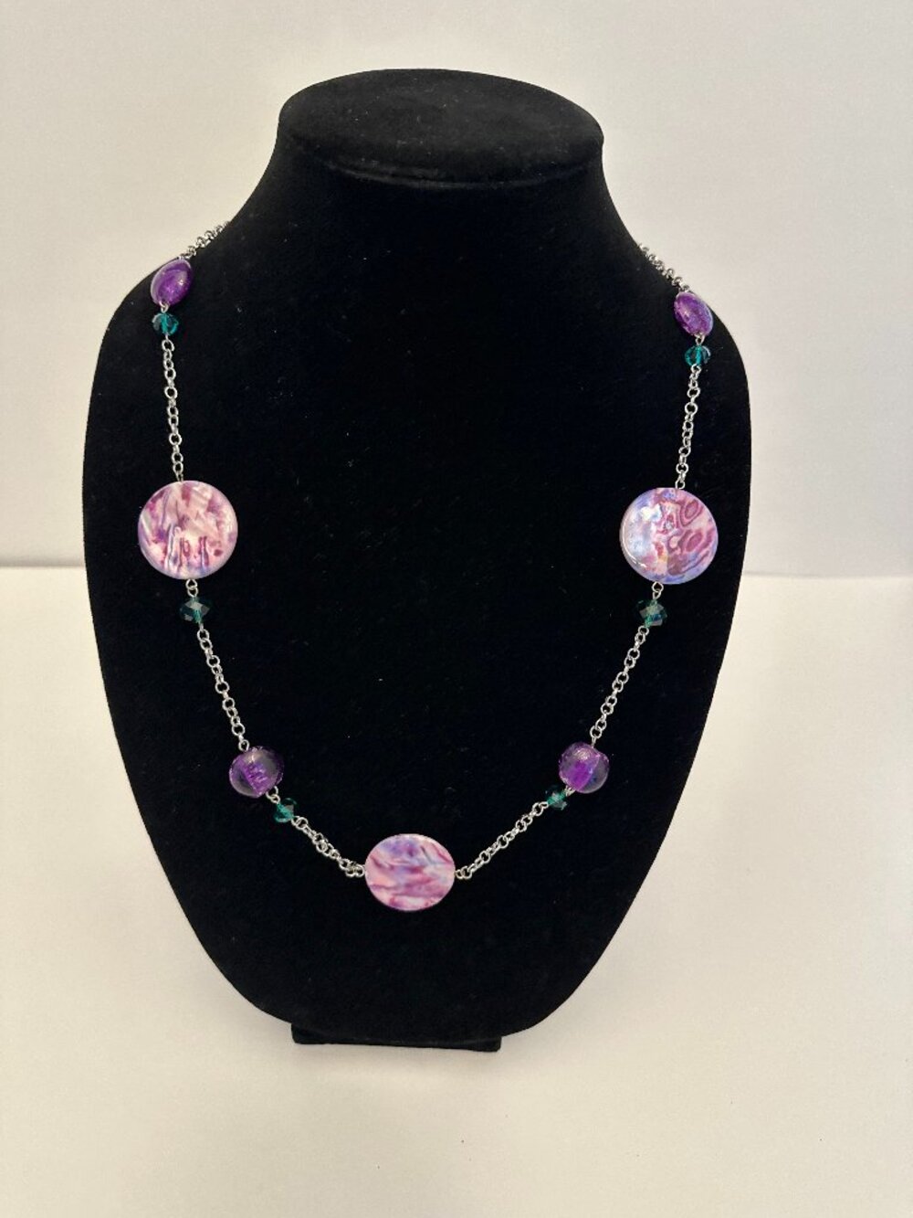 Purple Pink Beaded Statement Necklace Silver Tone Chain Boho Artsy Colorful